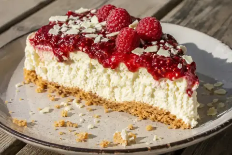 En bit krämig oreo cheesecake med hallonspegel och vita chokladspån.