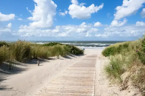 Ścieżka przez wydmy prowadzi na piaszczystą plażę. Idealne miejsce, gdzie na wakacje w sierpniu, z szumem fal i błękitem nieba.