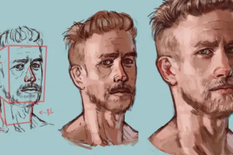 Portret podobizna mężczyzny w trzech ujęciach, od szkicu z zaznaczonym światłem po dopracowane detale twarzy.