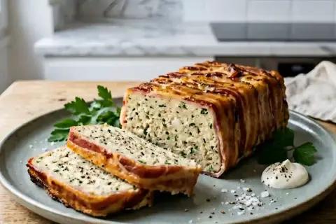 Une délicieuse terrine de poisson, enveloppée de lard croustillant, est servie sur une assiette avec des herbes fraîches et une touche de sauce.