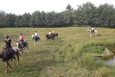 Cavalcata a Toscolano Maderno, un gruppo di persone a cavallo attraversa un prato verde vicino a un laghetto.