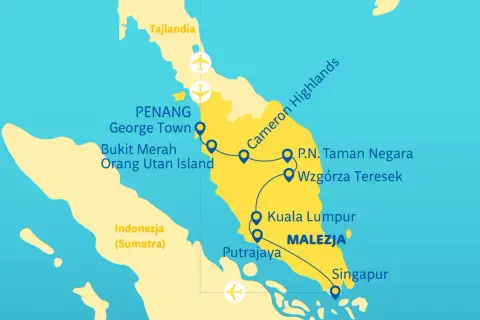 Mapa pokazuje, gdzie leży Malezja, z zaznaczonymi miastami jak Kuala Lumpur, Penang, oraz sąsiednimi Tajlandią i Indonezją.