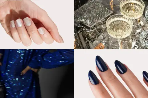 Manucure festive pour le jour de l'an : ongles pailletés et bleu nuit, accompagnés de coupes de champagne et de boules disco.