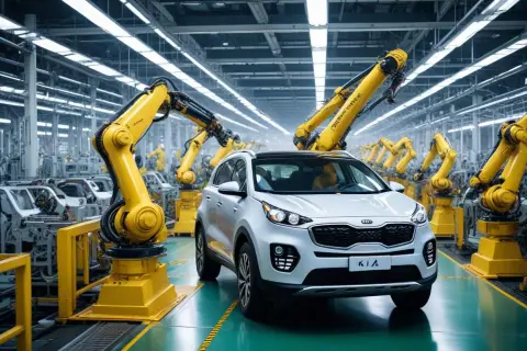 En vit Kia Sportage på ett modernt bilfabriksgolv, omgiven av gula robotarmar. Här byggs bilar, men var kommer Kia ifrån?