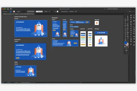 Illustrator workspace showing various banner ad templates with rocket illustrations, demonstrating how to create a font in Illustrator for ad copy.