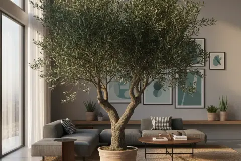 Un grand olivier intérieur maison, au tronc noueux, trône au milieu d'un salon moderne aux canapés gris et aux tableaux abstraits.