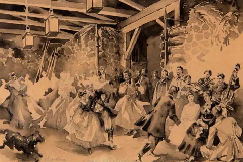 Bal w dworku, tańczący ludzie, muzyka na żywo. Scena jak z epoki "Gloria victis", pełna życia i radości.