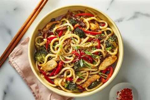 Pyszny makaron udon z kurczakiem, brokułami i papryką w sosie. Danie posypane sezamem i szczypiorkiem. Idealne na obiad, a jego makaron udon kcal jest zbilansowany.