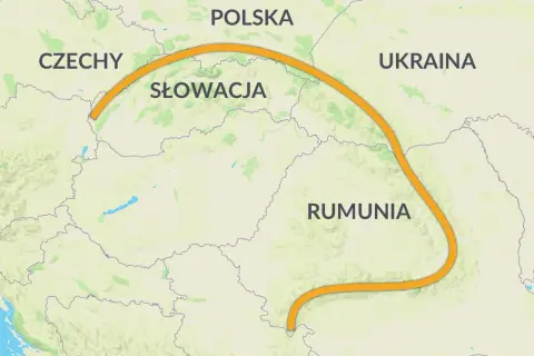 Mapa Europy Środkowej z zaznaczonym łukiem Karpat, biegnącym przez Czechy, Słowację, Polskę, Ukrainę i Rumunię.