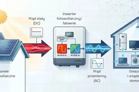 Schemat pokazuje, jak panele fotowoltaiczne przetwarzają światło słoneczne na prąd stały, który następnie inwerter zamienia na prąd zmienny dla urządzeń domowych. To nowoczesna technologia.