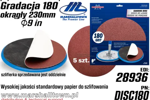 Papier ścierny Marshalltown 180 Grit, 230mm, idealny do szlifowania tynku gipsowego. Opakowanie 5 szt.