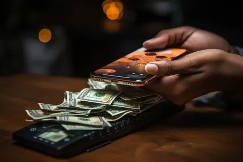 Dłonie trzymają smartfon nad stosem banknotów leżących na terminalu płatniczym. To przykład, jak działa autoryzacja co to jest w płatnościach zbliżeniowych.