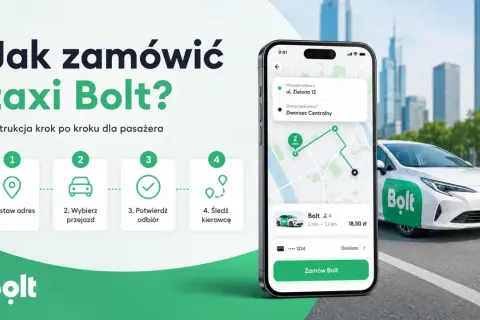 Instrukcja, jak zamówić Bolt: ustaw adres, wybierz przejazd, potwierdź odbiór i śledź kierowcę. Aplikacja pokazuje trasę i cenę.