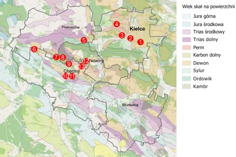 Mapa Gór Świętokrzyskich z zaznaczonymi punktami i legendą wieku skał.