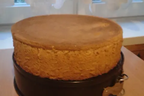 Upieczony biszkopt w tortownicy, gotowy do dekoracji.