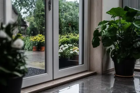 Przez nieszczelne drzwi wejściowe widać deszczowy ogród z kwitnącymi kwiatami i zielenią. Wewnątrz stoi duża roślina doniczkowa.