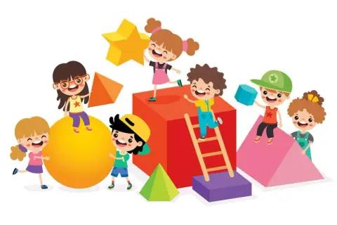Niños jugando con divertidos dibujos de figuras geométricas: esferas, cubos, pirámides y estrellas.