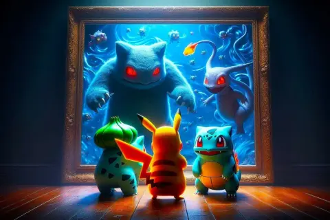 Pikachu, Bulbasaur i Charmander stoją przed obrazem, na którym widać potężne pokemony ogniste.