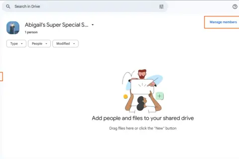 Google Drive interface showing "Abigail's Super Special S..." shared drive. Click "Manage members" to learn how to add to a shared Google Drive.