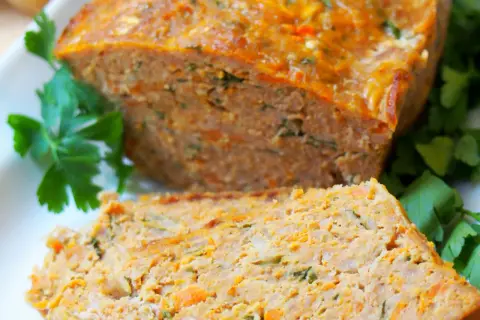 Pyszna pieczeń z mięsa mielonego, pokrojona w plastry, z widocznymi kawałkami marchewki i ziół, udekorowana natką pietruszki.