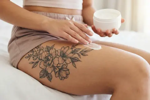 Eine Frau pflegt ihr Bein mit einer Creme, auf dem ein wunderschönes Blumen-one line tattoo zu sehen ist.