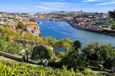 Widok na rzekę Douro i malownicze, kolorowe domy Porto. W oddali widać panoramę miasta, a na pierwszym planie zielony park.
