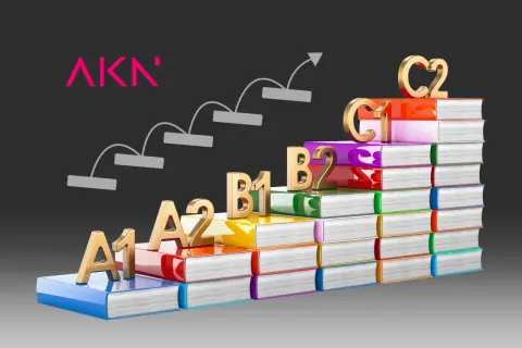 Stopnie zaawansowania nauki języka angielskiego od A1 do C2, symbolizujące postęp.