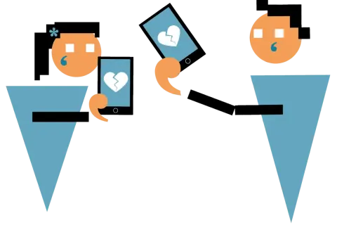 Een volwassen dochter met liefdesverdriet, huilend bij het zien van een gebroken hart op haar telefoon.