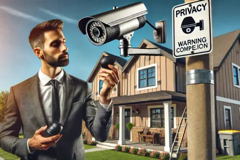 Un homme en costume examine une caméra de surveillance devant une maison. Le panneau "PRIVACY" et la jurisprudence sur la vidéosurveillance en copropriété soulignent les enjeux.