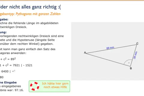 Rechtwinkliges Dreieck mit Seitenlängen 39 mm und 89 mm. Die Lösung zeigt, wie man den Satz des Pythagoras umstellt, um die fehlende Seite zu berechnen.