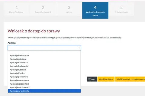 Formularz wniosku o dostęp do sprawy, gdzie można wybrać apelację, np. wrocławską, aby sprawdzić akta sprawy przez internet.