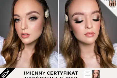 Makijaż ślubny krok po kroku: piękna panna młoda z perłową spinką i certyfikatem ukończenia kursu.