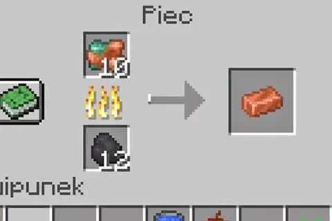 Crafting w piecu hutniczym: miedź i węgiel zamieniane na miedziane sztabki.