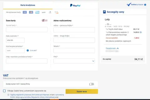 Formularz płatności Ryanair. Sprawdź, kiedy są najtańsze bilety lotnicze Ryanair, wpisując dane karty i adres.