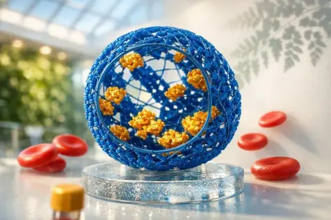 Een blauwe bol met oranje deeltjes, omringd door rode bloedcellen. Laag ferritine kan gevaarlijk zijn voor de gezondheid.