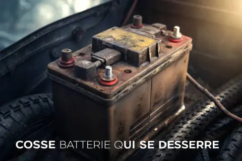 Batterie de voiture rouillée, avec une cosse de batterie qui se desserre, un symptôme courant de problèmes de démarrage.