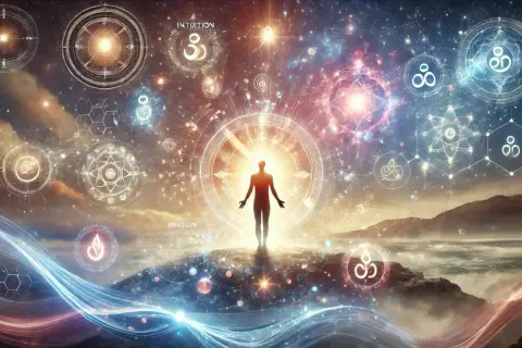 Mensch im Licht, umgeben von kosmischen Symbolen, die spirituelle Gaben erkennen lassen. Intuition und universelle Energien fließen.