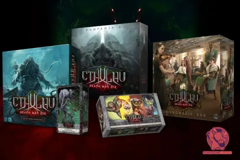 Zestaw pudełek gry planszowej Cthulhu: Death May Die z potworami i postaciami.