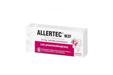 Opakowanie leku Allertec WZF z cetyryzyną, 10 mg, 7 tabletek powlekanych. Lek przeciwalergiczny.