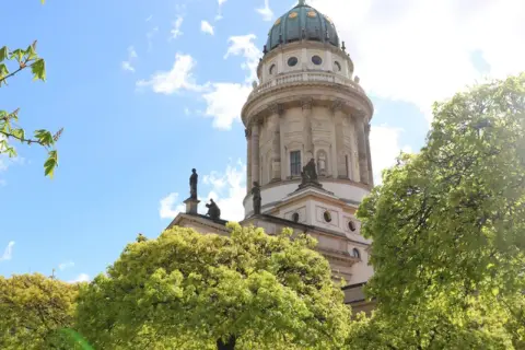 Der Dom in Deutschland, ein majestätisches Bauwerk, ragt hinter blühenden Bäumen in den blauen Himmel.