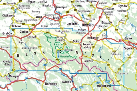 Mapa **Beskid Niski szlaki** z zaznaczonymi miastami jak Gorlice, Krosno, Sanok, Dukla i szlakami turystycznymi.