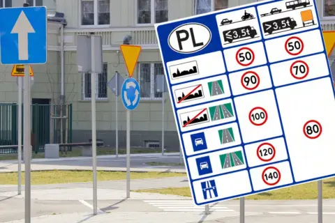 Na placu manewrowym widać wiele znaków drogowych: nakaz jazdy prosto, znak ostrzegawczy, znak ronda, a także tablicę z ograniczeniami prędkości.