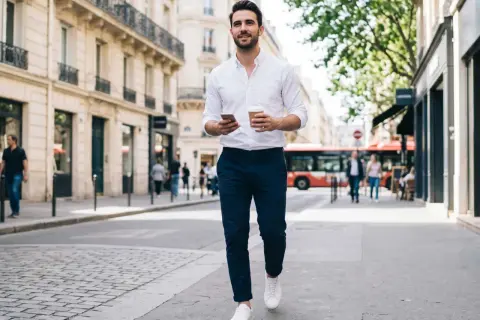 Ein Mann in weißem Hemd und blauer Hose geht durch Paris. Perfekt, was passt zu einer blauen Hose!
