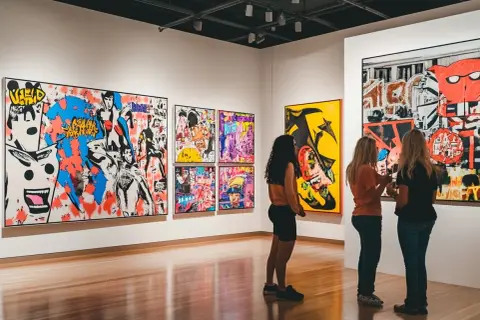 Three women admire a collection of vibrant, famous pop art in a gallery.