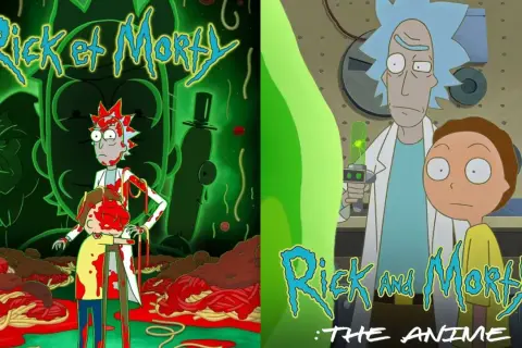 Rick und Morty Staffel 8: Rick und Morty im Anime-Stil, umgeben von Spaghetti und einer grünen, unheimlichen Atmosphäre.