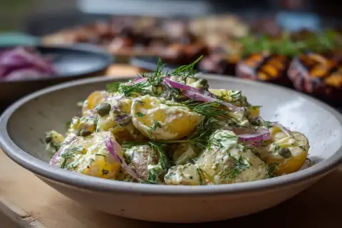 En härlig varm potatissallad med dill, kapris och rödlök, perfekt till grillat.
