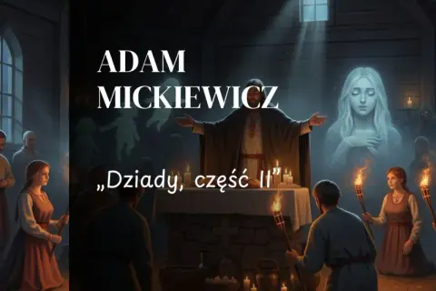 Scena z "Dziadów" Mickiewicza: obrzęd przyzywania duchów, z postacią Guślarza i widmami.