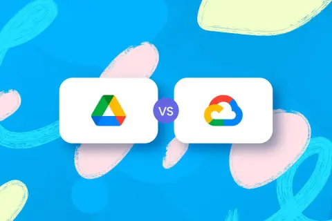 Google Cloud vs Google Drive: logos of Google Drive and Google Cloud are displayed side-by-side on a blue background with colorful abstract shapes.