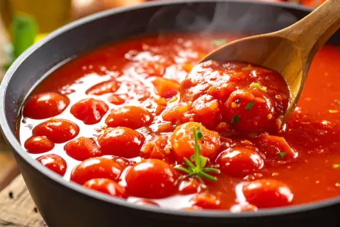 Heiß dampfende Tomatensoße mit ganzen Kirschtomaten, perfekt für Pasta. Ein Hauch von Rosmarin und ein Löffel voller Genuss.