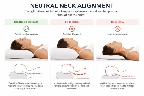Illustrations show correct, too high, and too low pillow thickness for neutral neck alignment.